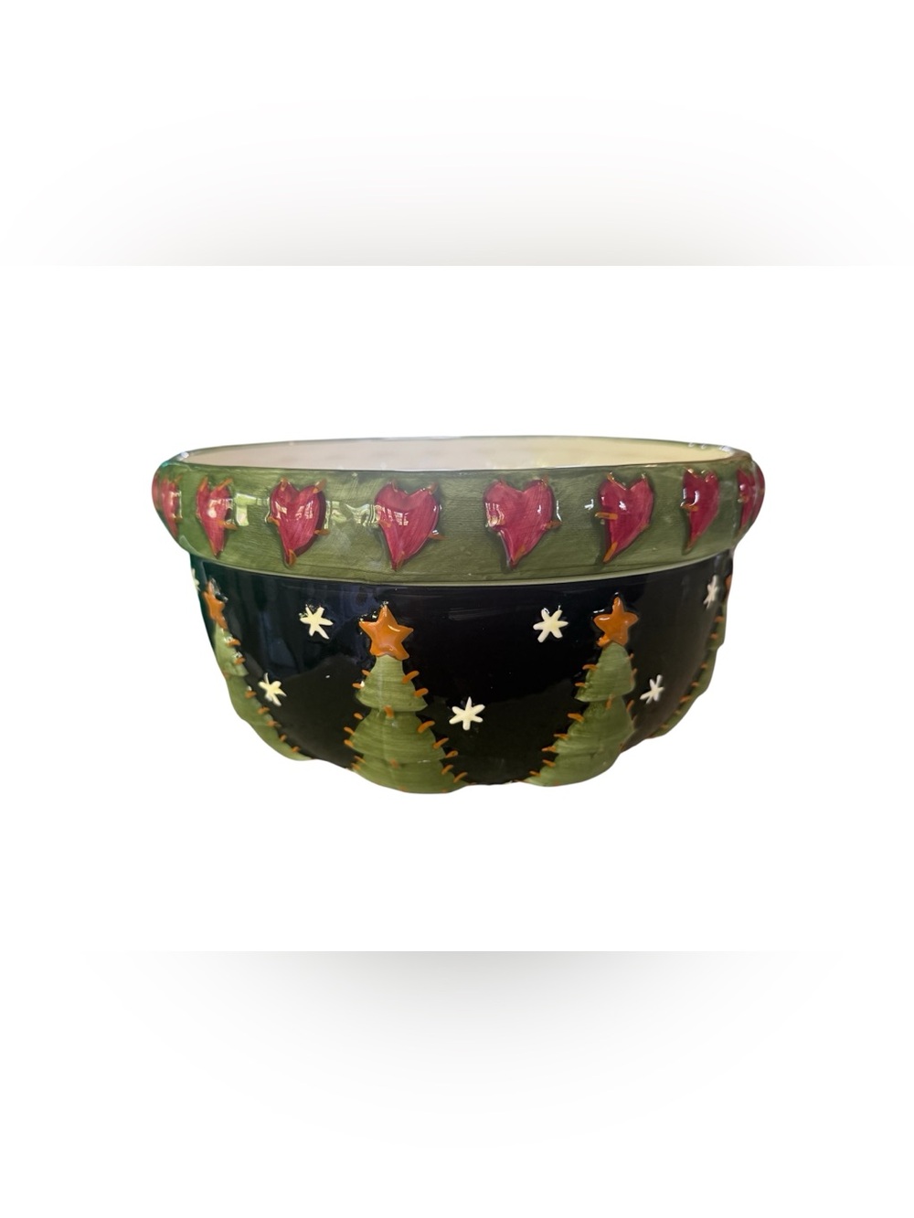 Center Street Design Christmas Folk Art Ceramic Serving Bowl Rustic Trees